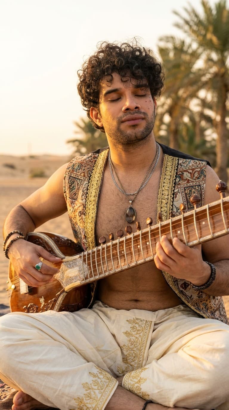 Akhlad Ahmed playing sitar in the desert at golden hour